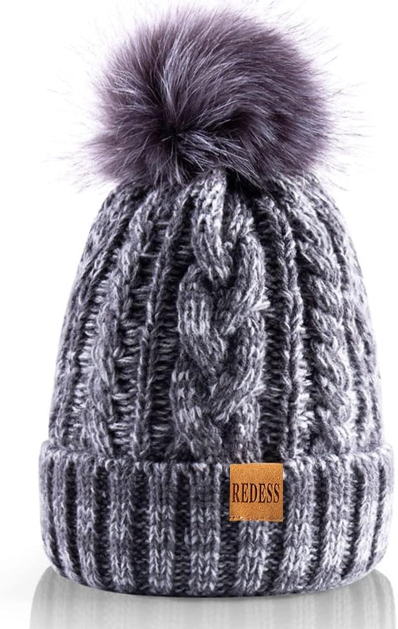 Women Winter Pompom Beanie Hat with Warm Fleece Lined, Thick Slouchy Snow Knit Skull Ski Cap