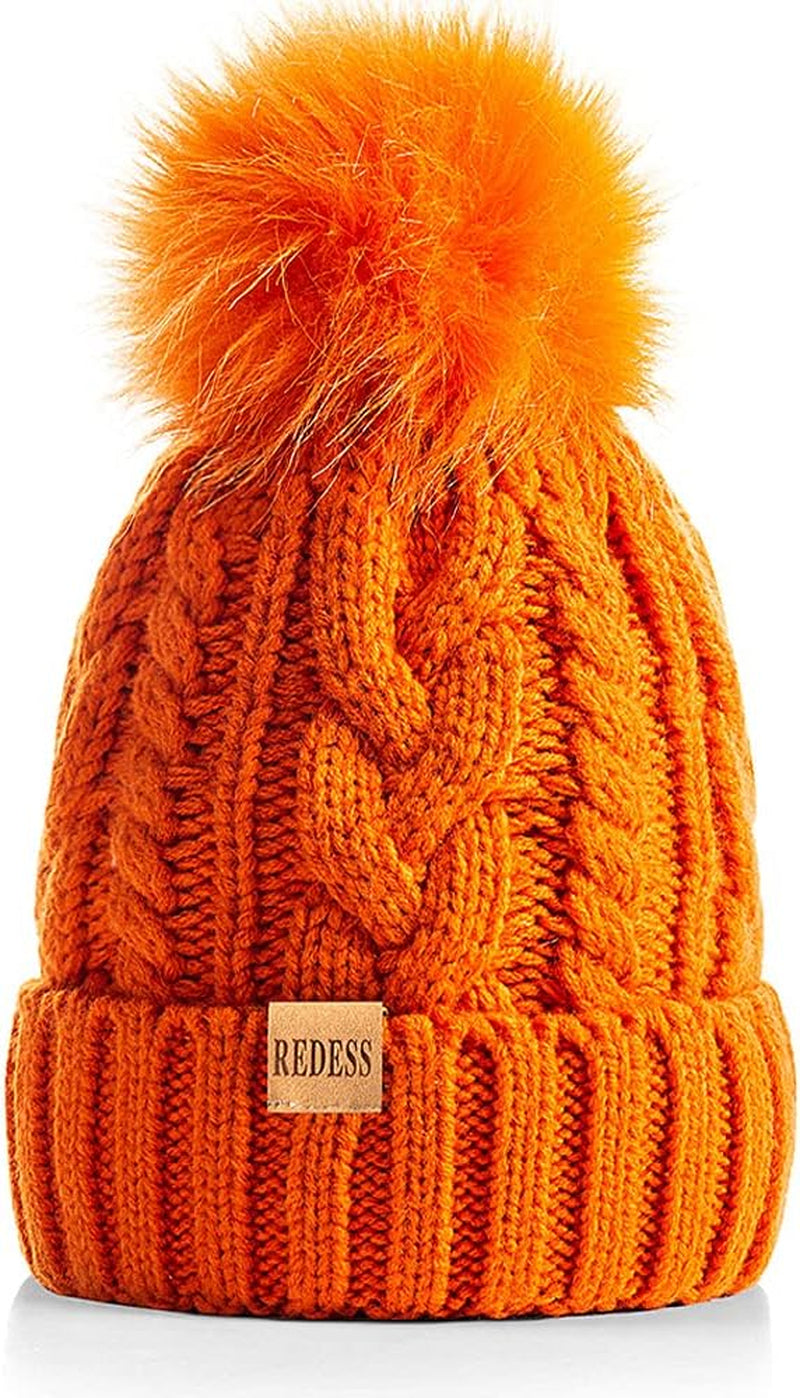 Women Winter Pompom Beanie Hat with Warm Fleece Lined, Thick Slouchy Snow Knit Skull Ski Cap