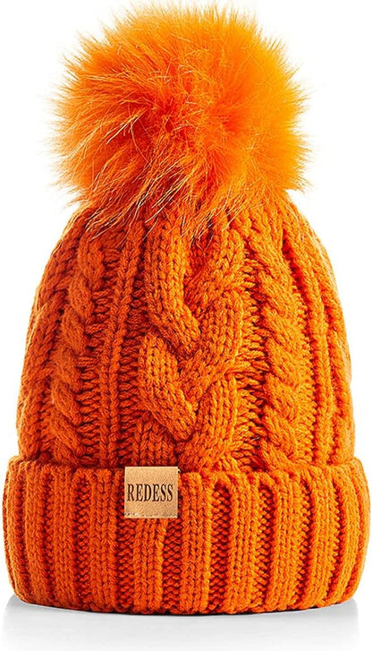 Women Winter Pompom Beanie Hat with Warm Fleece Lined, Thick Slouchy Snow Knit Skull Ski Cap