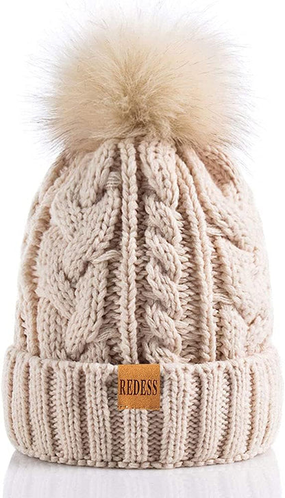 Women Winter Pompom Beanie Hat with Warm Fleece Lined, Thick Slouchy Snow Knit Skull Ski Cap