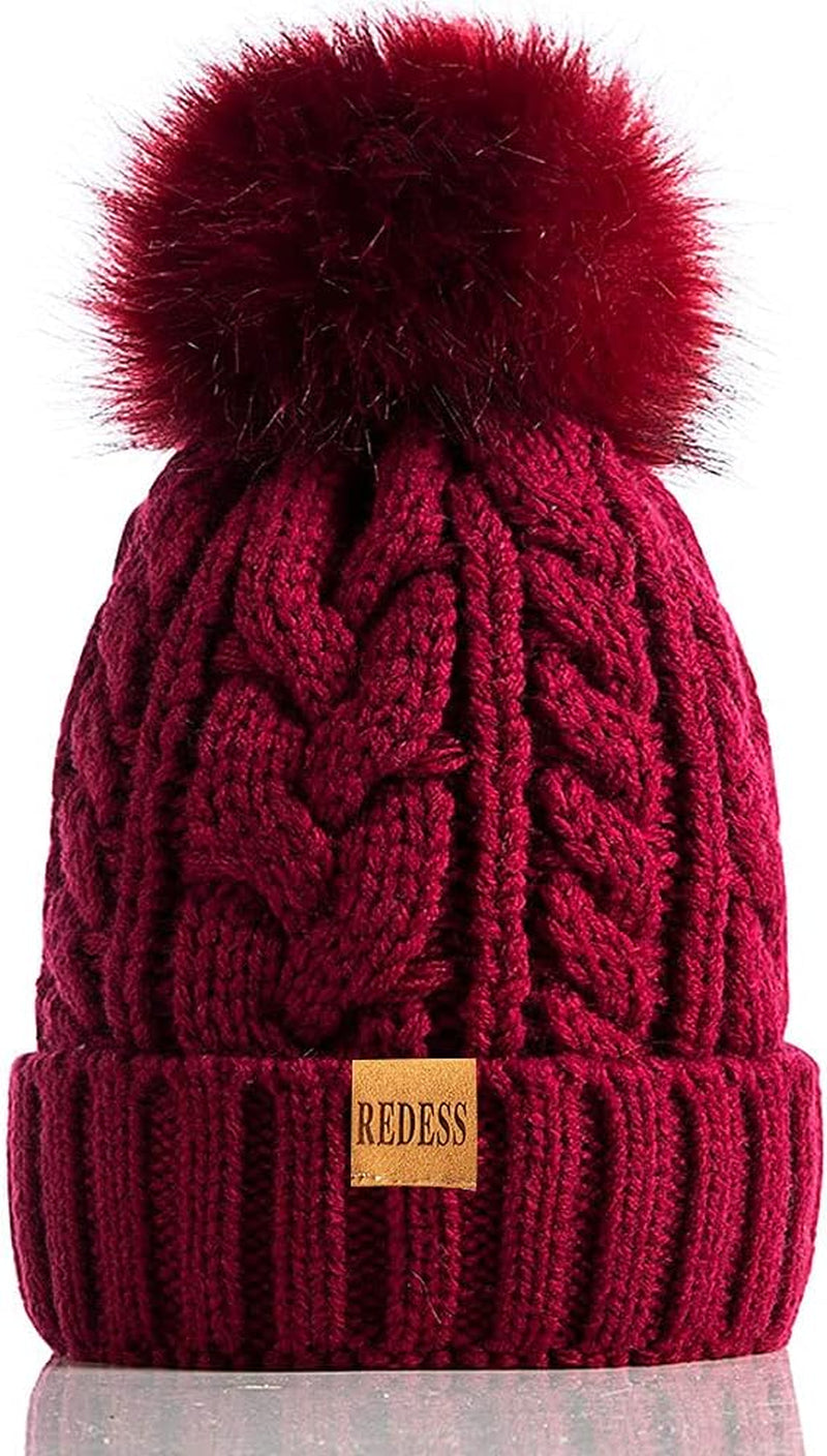 Women Winter Pompom Beanie Hat with Warm Fleece Lined, Thick Slouchy Snow Knit Skull Ski Cap