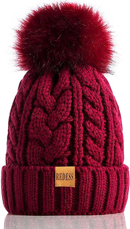 Women Winter Pompom Beanie Hat with Warm Fleece Lined, Thick Slouchy Snow Knit Skull Ski Cap