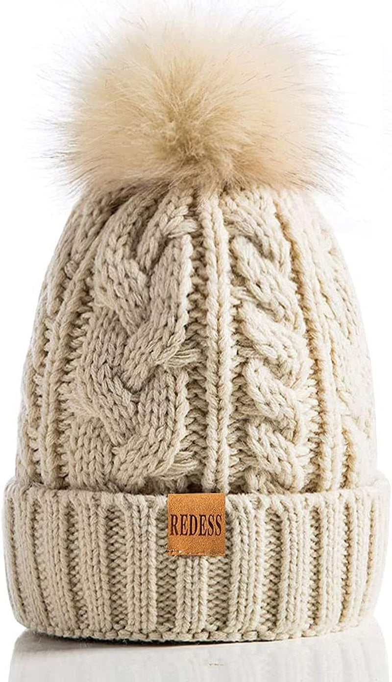 Women Winter Pompom Beanie Hat with Warm Fleece Lined, Thick Slouchy Snow Knit Skull Ski Cap