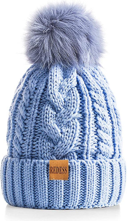 Women Winter Pompom Beanie Hat with Warm Fleece Lined, Thick Slouchy Snow Knit Skull Ski Cap