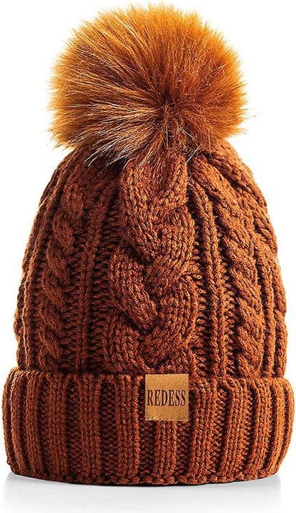 Women Winter Pompom Beanie Hat with Warm Fleece Lined, Thick Slouchy Snow Knit Skull Ski Cap