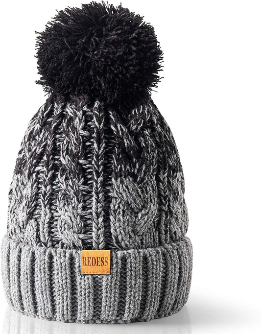 Women Winter Pompom Beanie Hat with Warm Fleece Lined, Thick Slouchy Snow Knit Skull Ski Cap