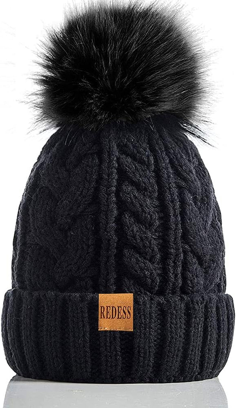 Women Winter Pompom Beanie Hat with Warm Fleece Lined, Thick Slouchy Snow Knit Skull Ski Cap
