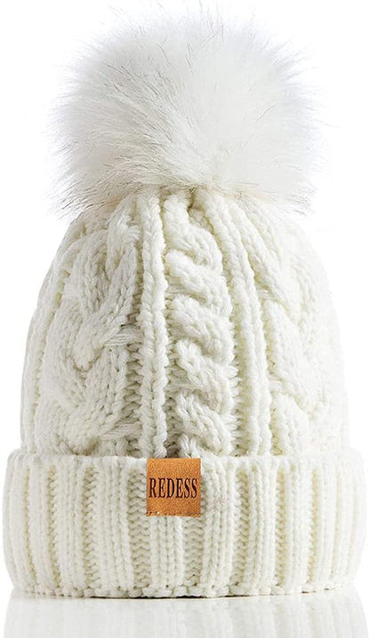 Women Winter Pompom Beanie Hat with Warm Fleece Lined, Thick Slouchy Snow Knit Skull Ski Cap