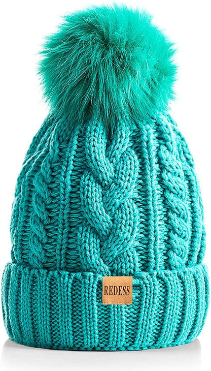 Women Winter Pompom Beanie Hat with Warm Fleece Lined, Thick Slouchy Snow Knit Skull Ski Cap