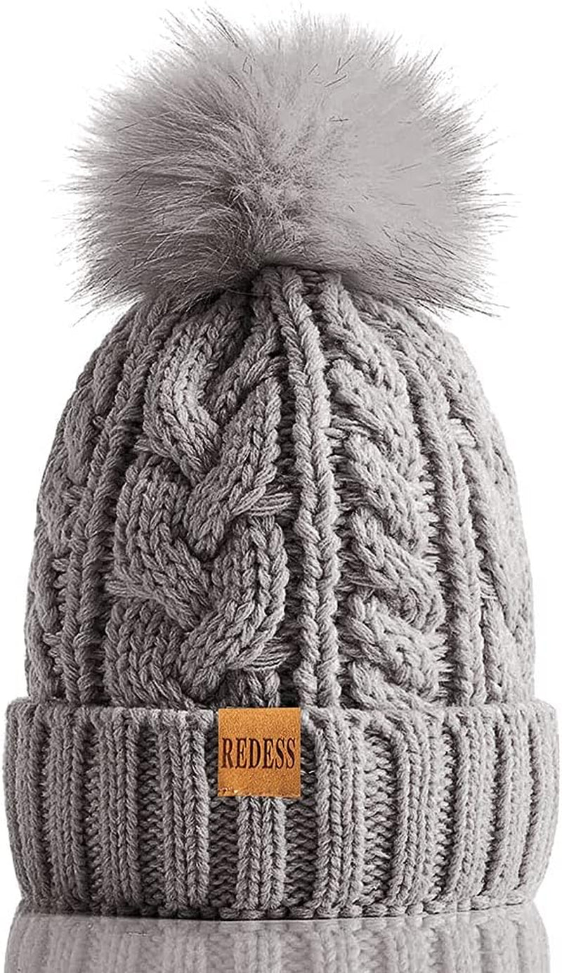 Women Winter Pompom Beanie Hat with Warm Fleece Lined, Thick Slouchy Snow Knit Skull Ski Cap