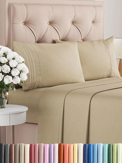 Queen Size 4 Piece Sheet Set - Comfy Breathable & Cooling Bed Sheets Set - Hotel Luxury Bedding for Women, Men, Kids, Teens, Boys & Girls - Deep Pockets, Ultra-Soft, Wrinkle Free - Oeko-Tex - Khaki