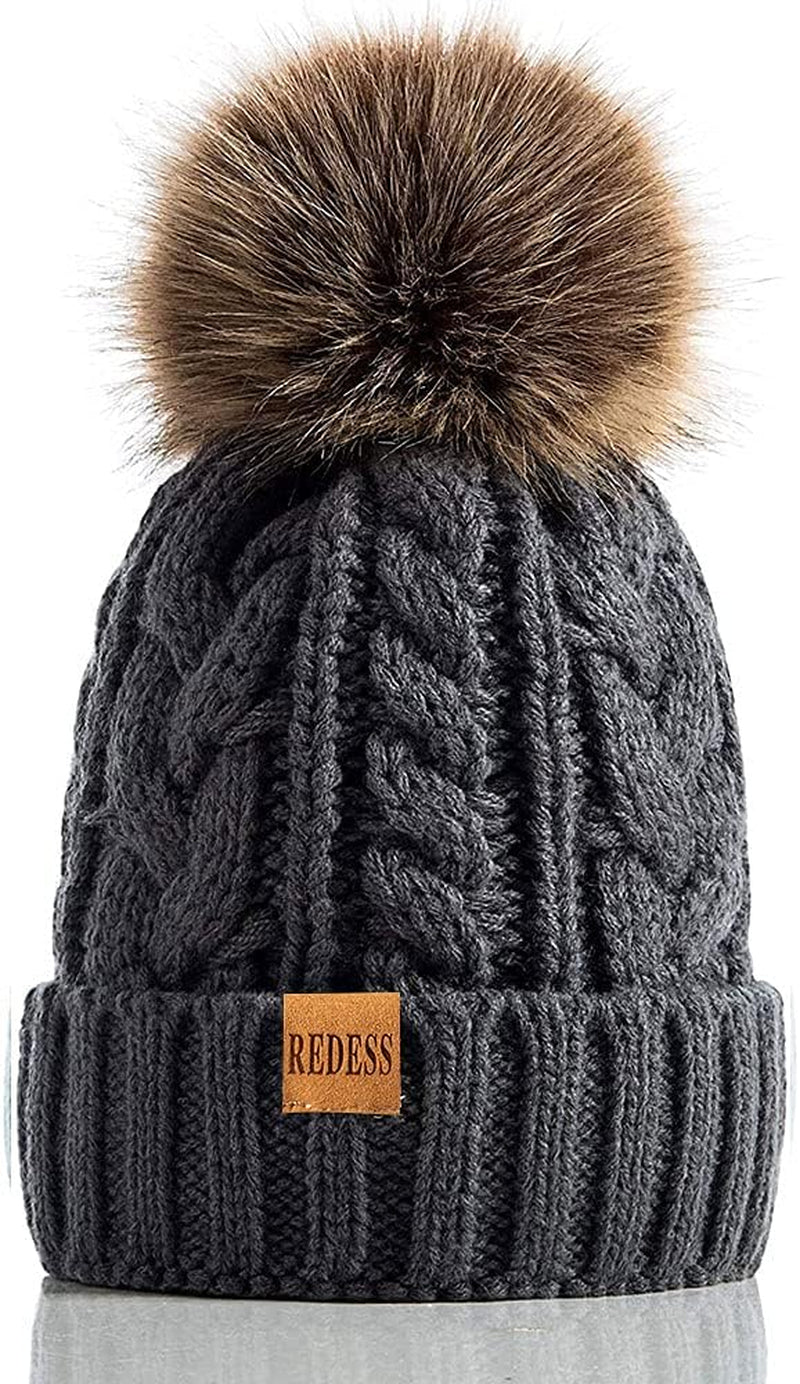 Women Winter Pompom Beanie Hat with Warm Fleece Lined, Thick Slouchy Snow Knit Skull Ski Cap