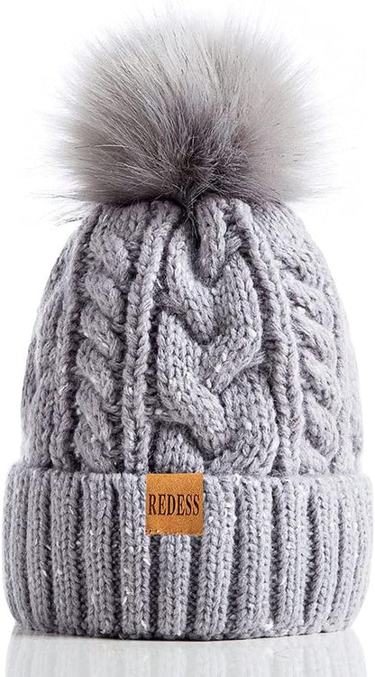 Women Winter Pompom Beanie Hat with Warm Fleece Lined, Thick Slouchy Snow Knit Skull Ski Cap