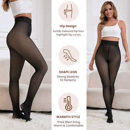2025 One-Seam Fleece Lined Tights More Warmth Fake Translucent Pantyhose High Waist Thermal Legging Women