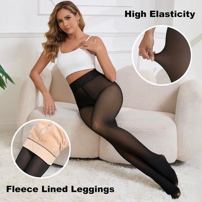 2025 One-Seam Fleece Lined Tights More Warmth Fake Translucent Pantyhose High Waist Thermal Legging Women