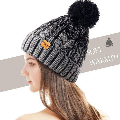 Women Winter Pompom Beanie Hat with Warm Fleece Lined, Thick Slouchy Snow Knit Skull Ski Cap