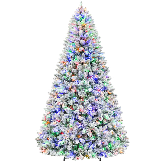 7.5ft Lighted Snow Flocked Christmas Tree, 450 Multicolor LED Lights, Artificial Christmas Tree with 1446 Branch Tips, Metal Stand & Hinged Branches for Decoration, 10 Modes