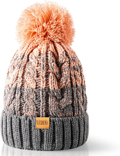 Women Winter Pompom Beanie Hat with Warm Fleece Lined, Thick Slouchy Snow Knit Skull Ski Cap