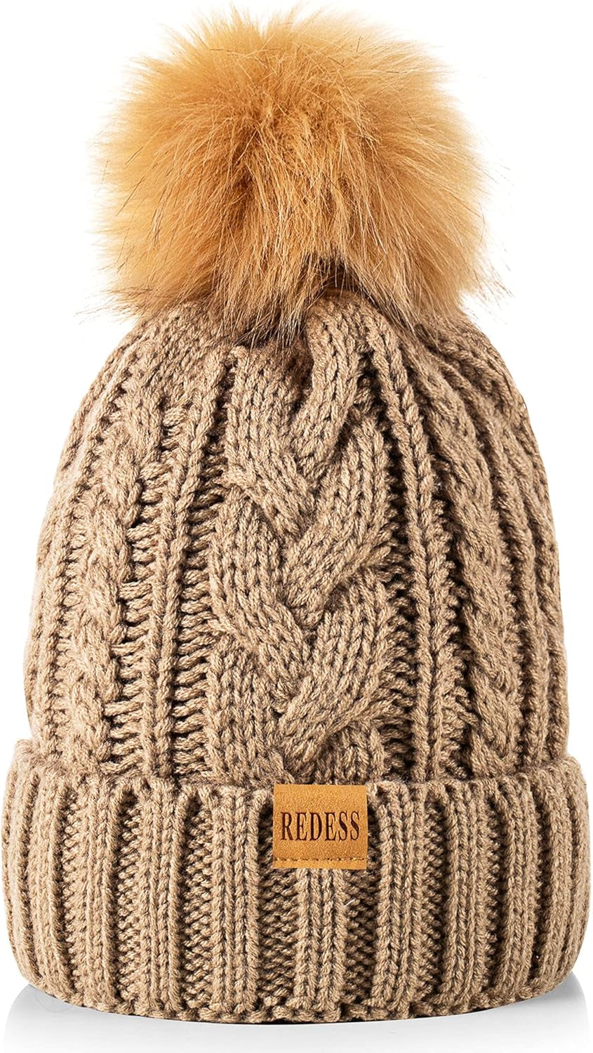 Women Winter Pompom Beanie Hat with Warm Fleece Lined, Thick Slouchy Snow Knit Skull Ski Cap