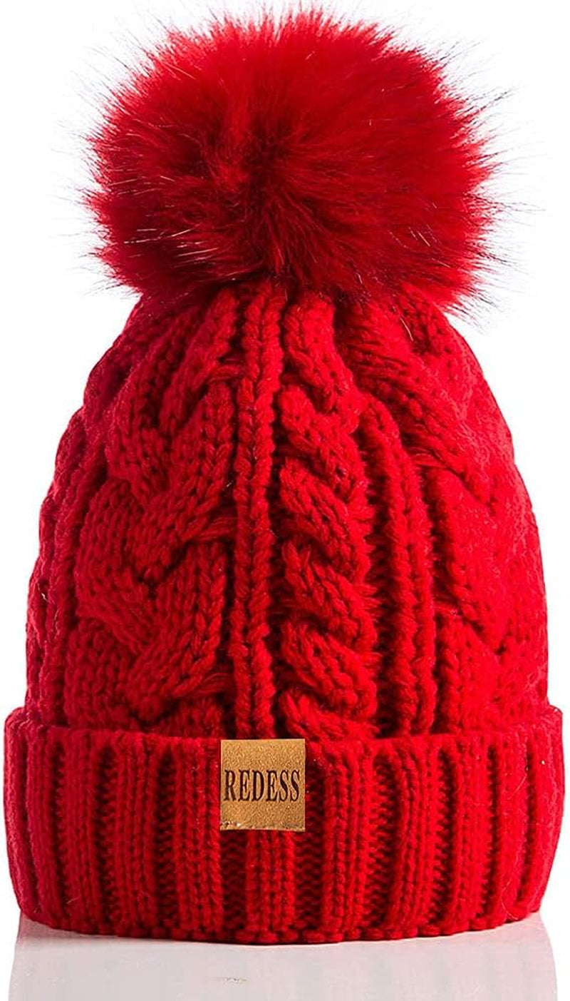 Women Winter Pompom Beanie Hat with Warm Fleece Lined, Thick Slouchy Snow Knit Skull Ski Cap