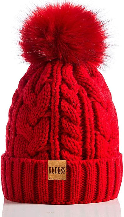 Women Winter Pompom Beanie Hat with Warm Fleece Lined, Thick Slouchy Snow Knit Skull Ski Cap