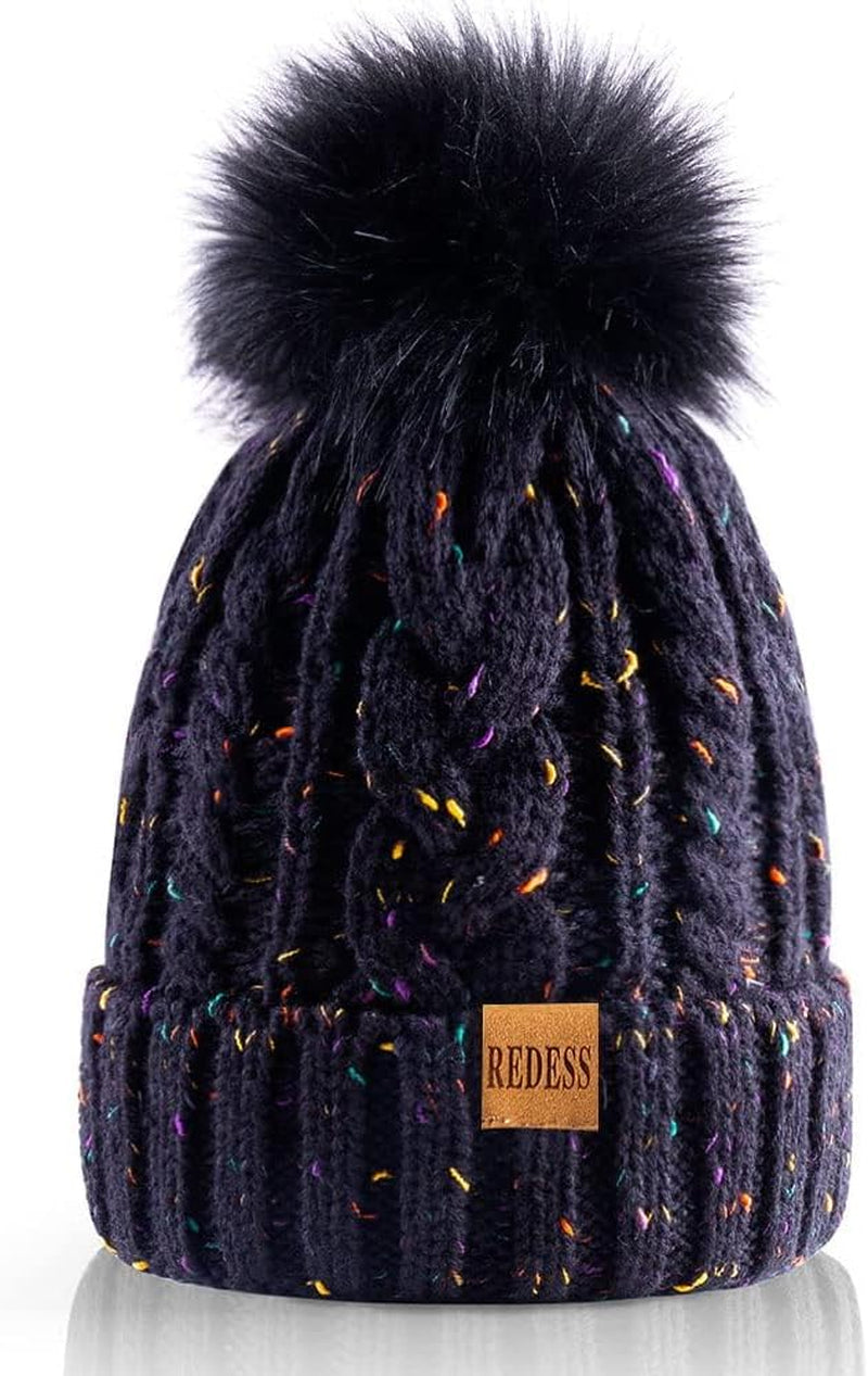 Women Winter Pompom Beanie Hat with Warm Fleece Lined, Thick Slouchy Snow Knit Skull Ski Cap