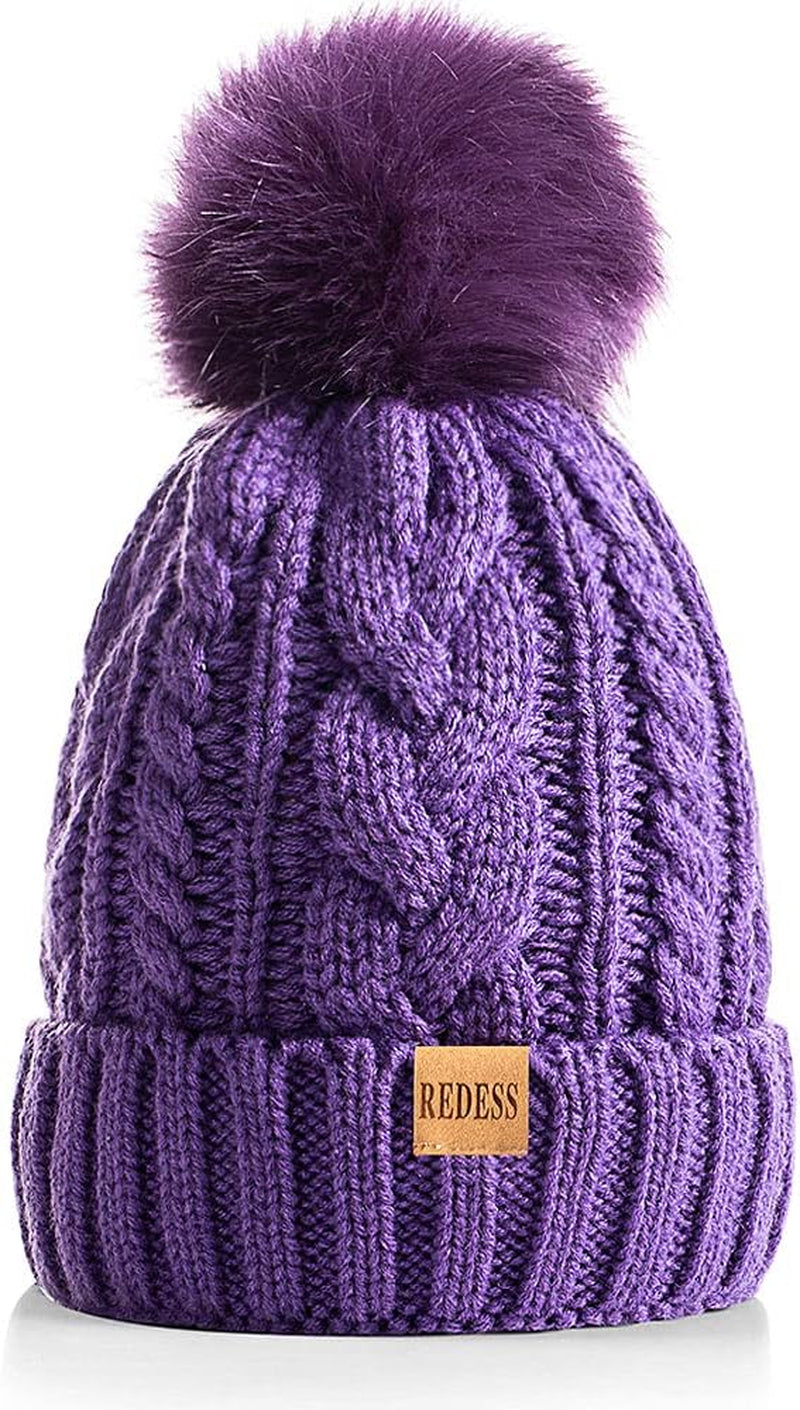 Women Winter Pompom Beanie Hat with Warm Fleece Lined, Thick Slouchy Snow Knit Skull Ski Cap