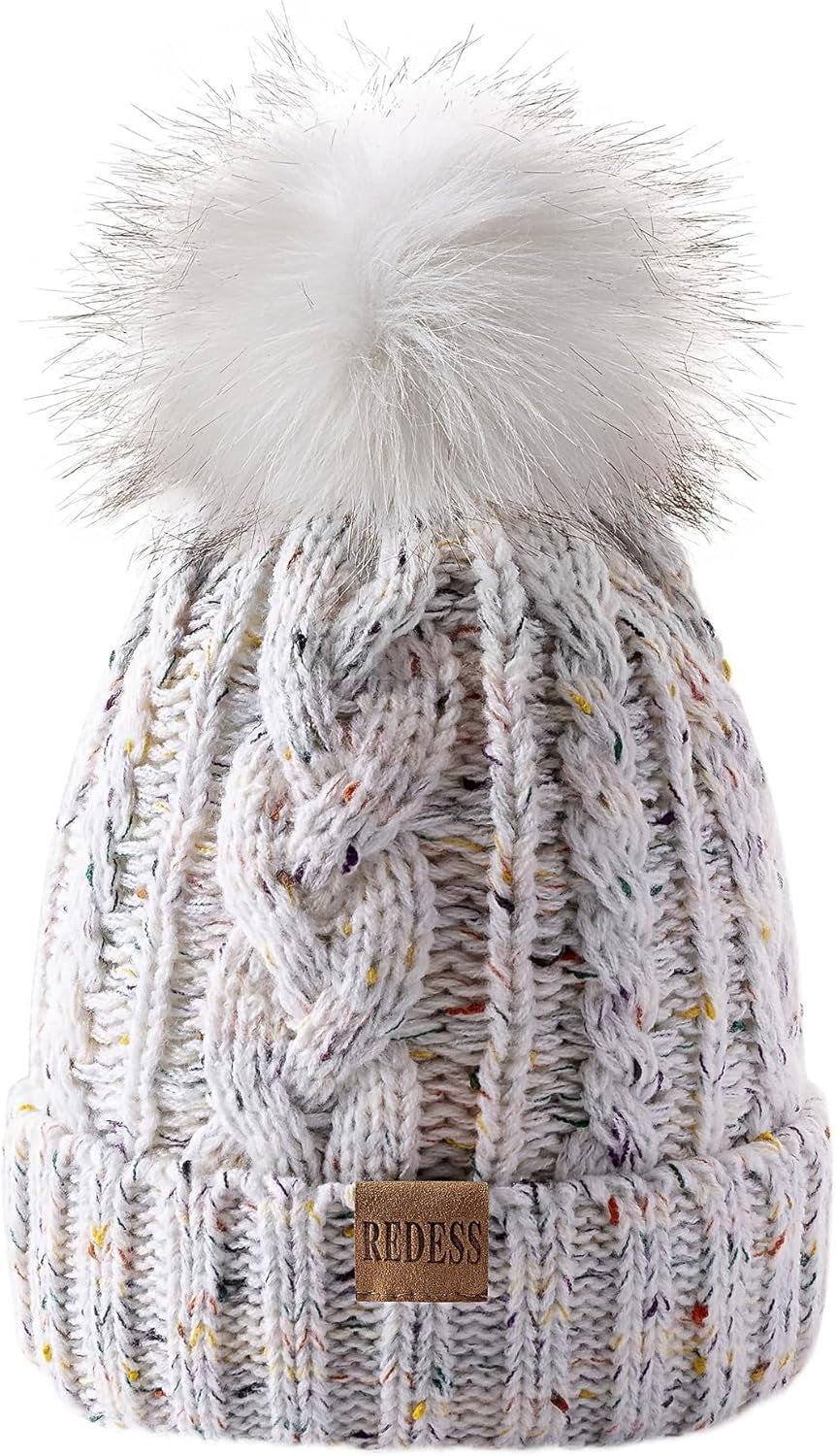 Women Winter Pompom Beanie Hat with Warm Fleece Lined, Thick Slouchy Snow Knit Skull Ski Cap
