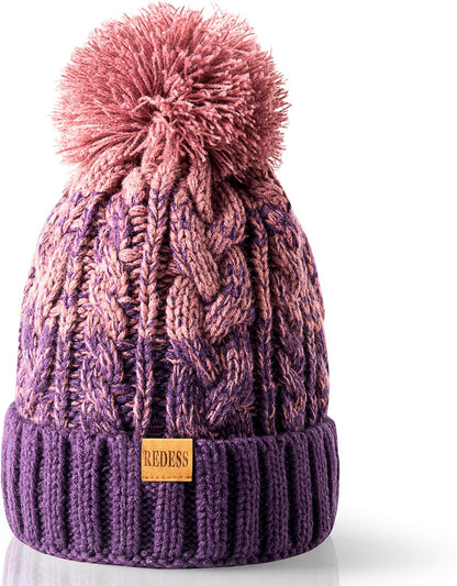 Women Winter Pompom Beanie Hat with Warm Fleece Lined, Thick Slouchy Snow Knit Skull Ski Cap