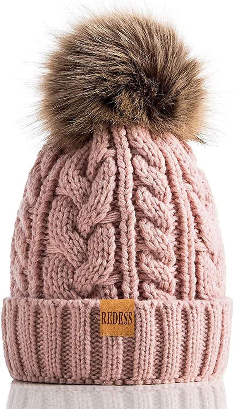 Women Winter Pompom Beanie Hat with Warm Fleece Lined, Thick Slouchy Snow Knit Skull Ski Cap