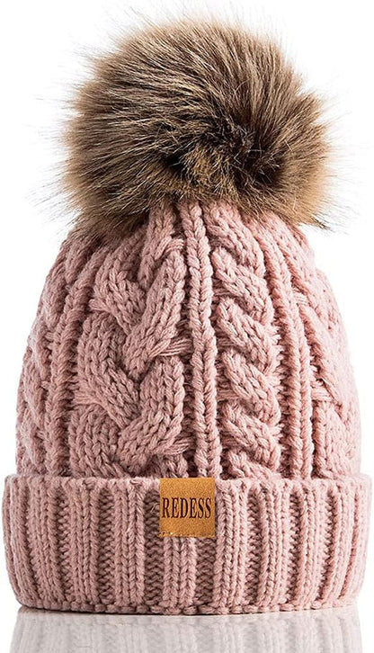 Women Winter Pompom Beanie Hat with Warm Fleece Lined, Thick Slouchy Snow Knit Skull Ski Cap