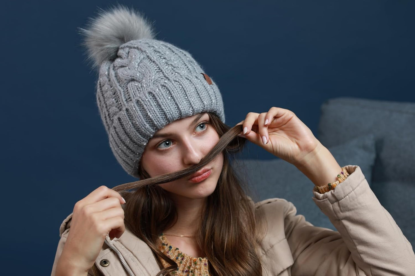 Women Winter Pompom Beanie Hat with Warm Fleece Lined, Thick Slouchy Snow Knit Skull Ski Cap