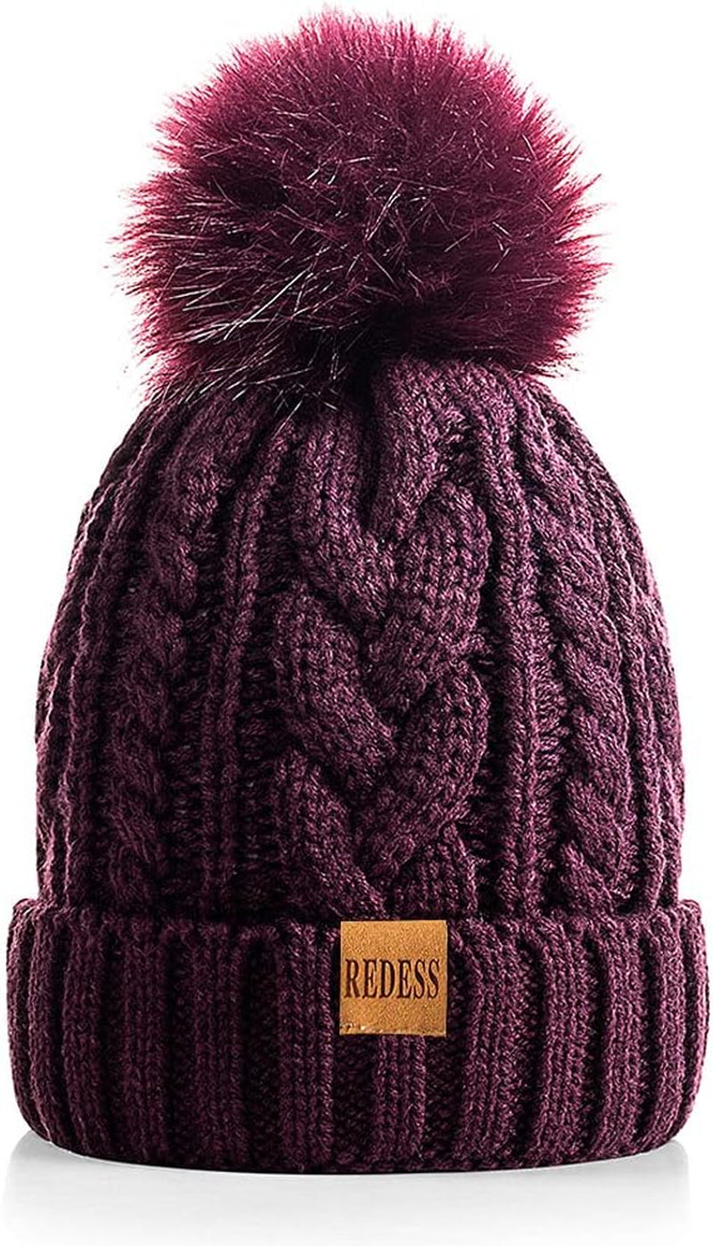 Women Winter Pompom Beanie Hat with Warm Fleece Lined, Thick Slouchy Snow Knit Skull Ski Cap