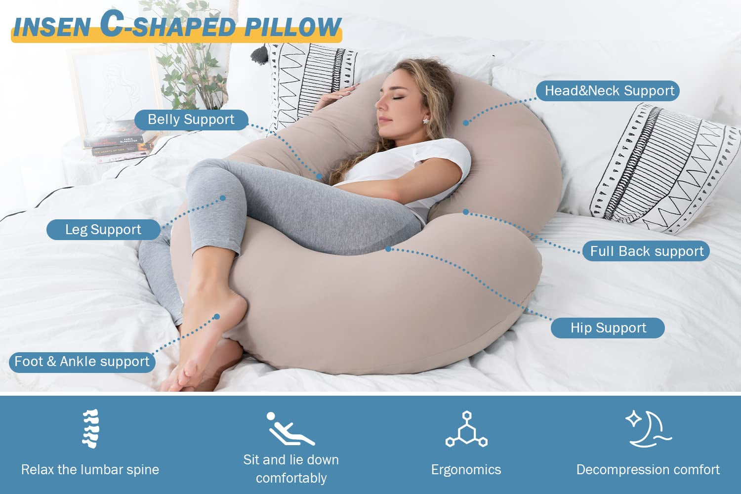 Pregnancy Pillow Cooling, Maternity Pillow with Soft Cotton Cover, C Shaped for Side Sleeping